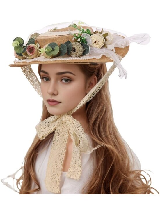 Elegant Victorian Tea Party Sun Hat with Bows & Florals - Stylish Flat Straw Hat main image 5
